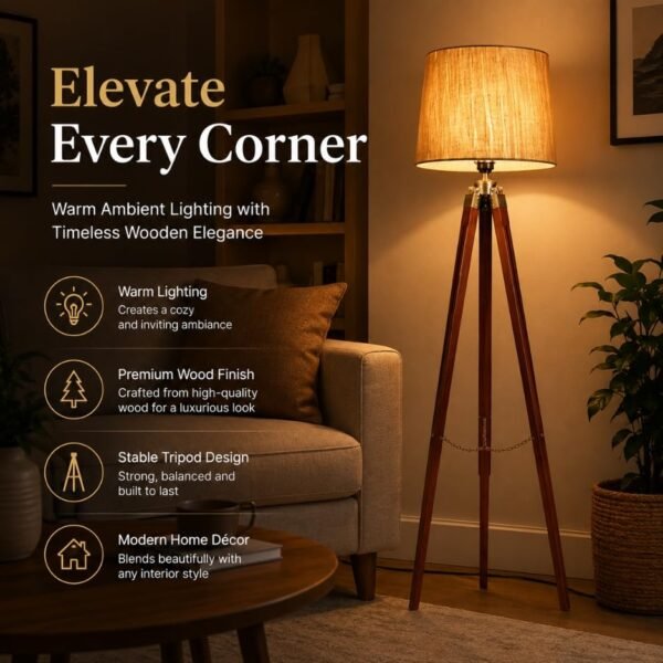 RetroVesta Modern Wooden Tripod Floor Lamp | 54-Inch Contemporary Standing Lamp with Premium Fabric Shade | Decorative Floor Light for Living Room, Bedroom, Home Office & Reading Corner | E27 Bulb Holder