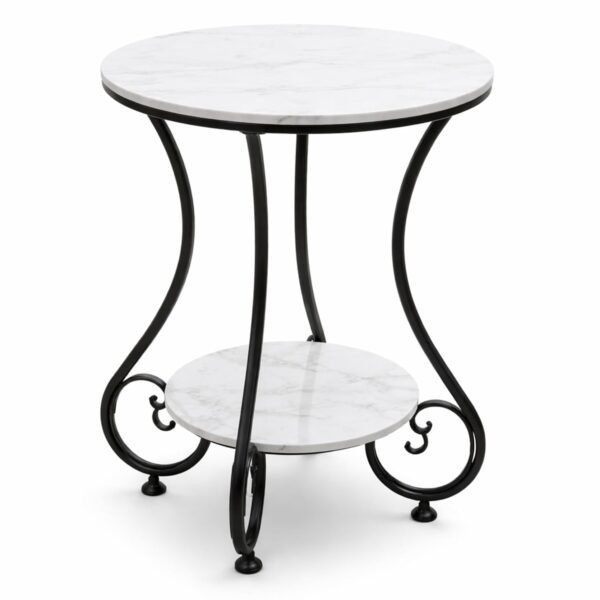 RetroVesta Round End Table | 2-Tier Side Table with Marble Look Top & Metal Frame | Modern White & Black Accent Table for Living Room, Bedroom & Office | Coffee Table, Bedside Table | 40 _ 40 _ 56 cm