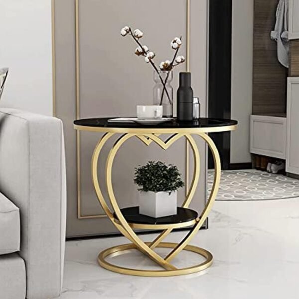 RetroVesta Modern Round End Table 48x48x60 cm | Metal Frame with Engineered Wood Top & Storage Shelf | Stylish Living Room Side Table (Gold & Black)
