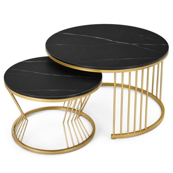 RetroVesta Round Coffee Table Set of 2 | Modern Marble Look Nesting Coffee Tables with Storage Shelf | Gold Metal Frame Center Table for Living Room, Bedroom & Apartments | 51 _ 51 _ 40 cm