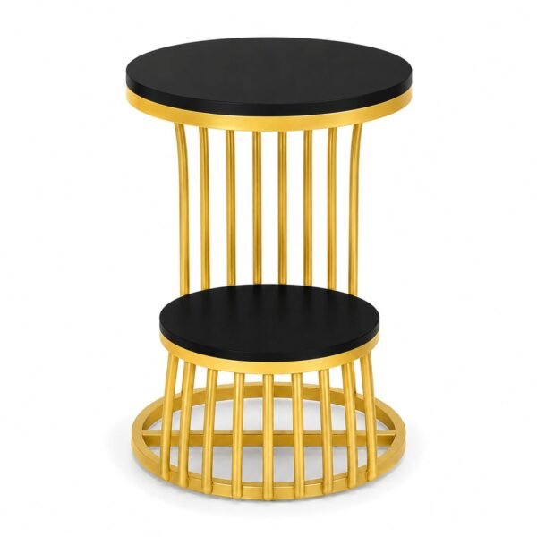 RetroVesta Round Side End Table | Modern Gold & Black Metal Frame Sofa Corner Table | Striped Top Small Coffee Table for Living Room & Bedroom | Space-Saving Accent Table | 38 _ 38 _ 60 cm