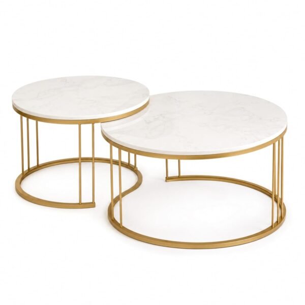 RetroVesta Round Coffee Table | Marble Finish Wooden Top with Gold Metal Frame | Modern Center Table, Sofa Side Table & Accent Table for Living Room, Bedroom & Home D?cor | White & Gold | 55 _ 55 _ 45 cm