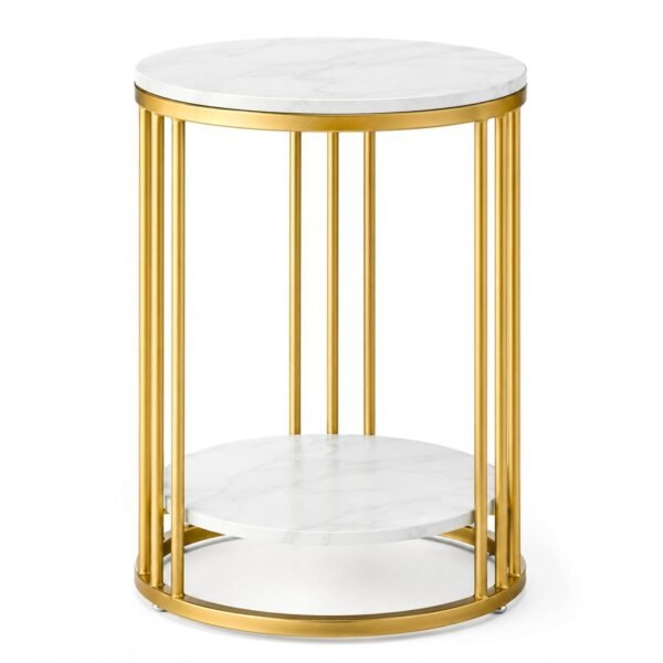 RetroVesta Round Side Table | Modern 2-Tier End Table with Gold Metal Frame & White Wood Top | Bedside Table, Coffee Table & Accent Table for Living Room & Bedroom | 38 _ 38 _ 55 cm