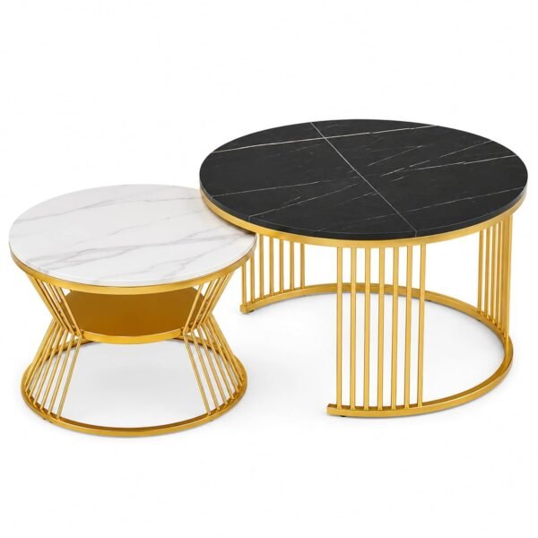 RetroVesta Modern Coffee Table Set of 2 | Luxury Marble Finish Nesting Center Tables with Gold Metal Frame | Round Coffee, Side & Accent Tables for Living Room, Bedroom & Apartments | 60 _ 60 _ 45 cm