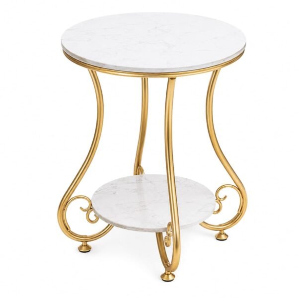 RetroVesta Golden 2-Tier Round End Table | Heavy-Duty Iron Side Table with Dual Shelves | Modern Coffee Table, Bedside Table & Nightstand for Living Room & Bedroom | Space-Saving Design | 40.6 _ 40.6 _ 50.8 cm