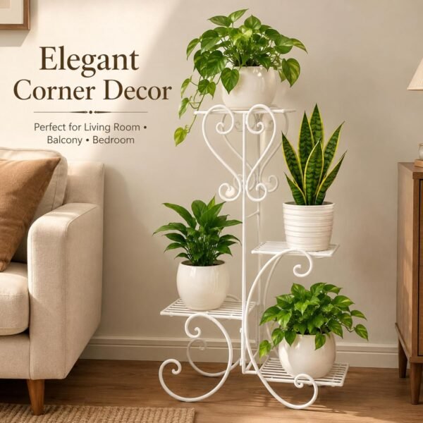RetroVesta 4-Tier Wrought Iron Plant Stand for Indoor & Outdoor | Heavy Duty Metal Flower Pot Stand | White Vertical Planter Rack for Balcony, Living Room, Patio & Garden | Space-Saving Plant Holder
