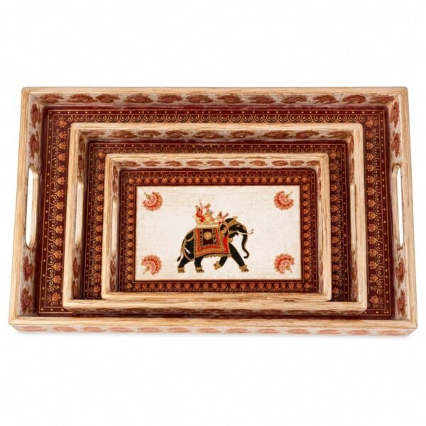 RetroVesta Pack of 3 Decorative Serving Tray Set | BDI Handcrafted Wooden Trays (15x10, 15x8 & 13x6.5 Inch) | Elephant Traditional Print Tea Coffee Snack Serving Trays | Home Decor, Dining Table & Gift Set