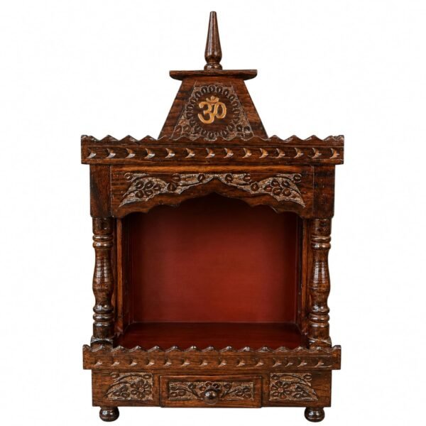 RetroVesta Wooden Mandir for Home | Handcrafted Pooja Temple with OM Design & Brass Bell | Compact Hindu Devghar for Home, Office & Prayer Room | 15 x 9 x 8 Inch