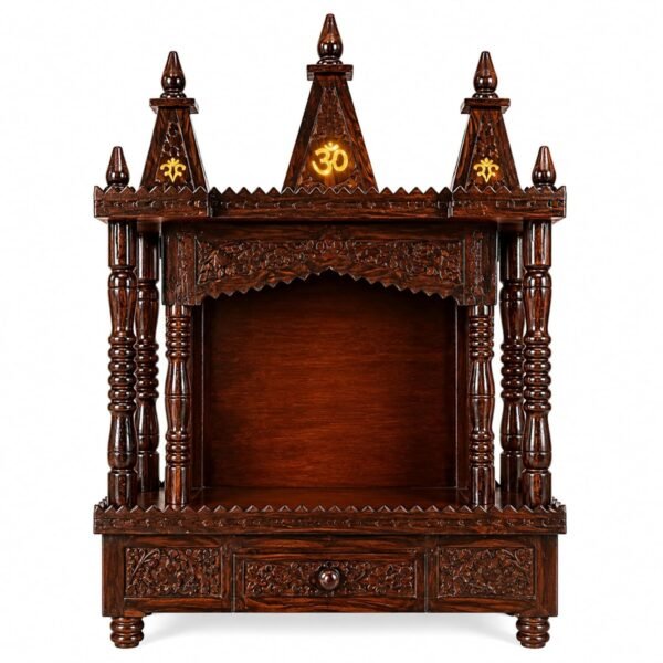 RetroVesta Handcrafted Wooden Temple for Home with Drawer | Traditional Pooja Mandir with Om Design | Solid Wood Home Temple for Living Room, Office & Prayer Room | 20 x 12 x 20 cm