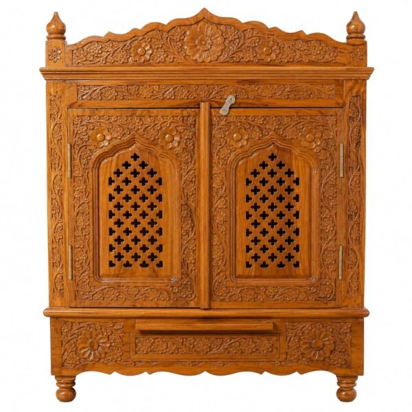 Aurevia Wooden Mandir for Home, Sheesham Wood Finish, Hand-Carved Pooja Temple with Storage Drawer & Jali Doors, Traditional Home Temple for Living Room, 24 x 12 x 36 Inch