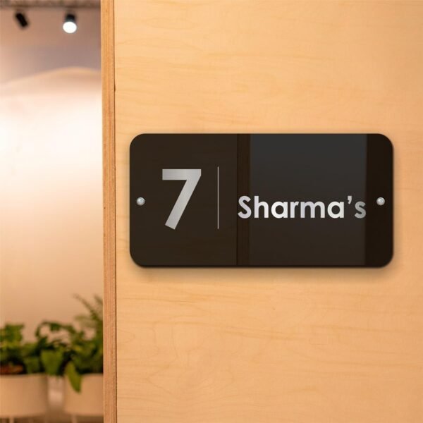 RetroVesta Personalized Acrylic Name Plate 4 x 8 Inch | Modern Black Custom Door Name Plate with Flat Number | Waterproof House Name Board for Home Entrance, Apartment, Villa & Office