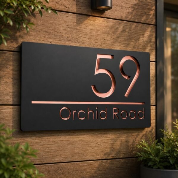 RetroVesta Personalized Matte Black & Rose Gold Acrylic Name Plate 30 x 15 cm | Luxury Waterproof Door Name Board for Home Entrance | Custom House Address Sign for Office, Flat & Villa