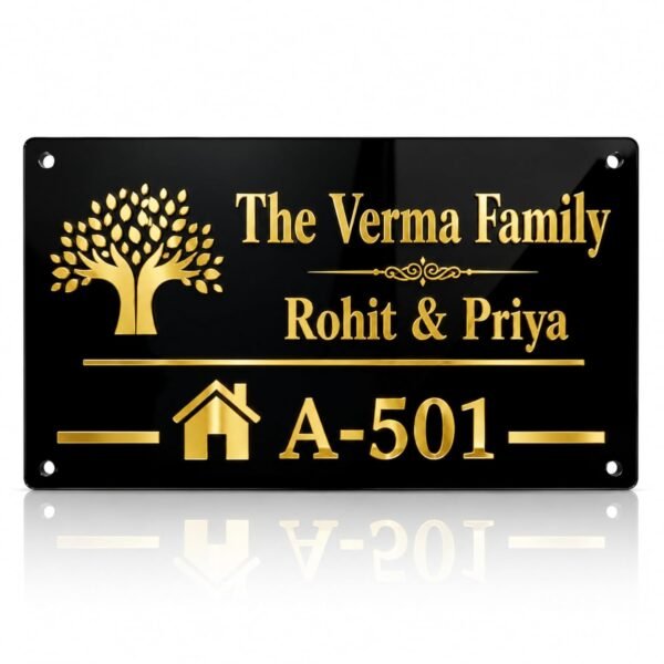 RetroVesta Customised Acrylic Name Plate for Home Entrance 8x12 Inch | Personalized Black Glossy Door Name Board with Gold UV Print | Waterproof House Name Plate with Family Name & Flat Number for Home, Office & Apartment