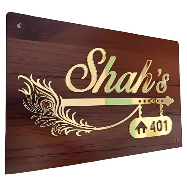 RetroVesta Personalized Wooden Brown & Mirror Gold Acrylic Name Plate 6 x 12 Inch | Krishna Flute Design | Waterproof Custom Door Name Board for Home Entrance, Flat, Apartment & Office | Model 022 WDN&G-Flute