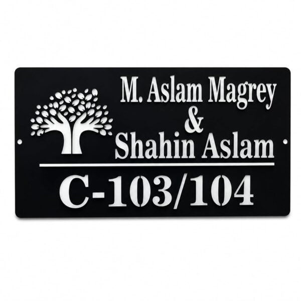 RetroVesta Personalized Acrylic Name Plate 6 x 12 Inch | Black & Mirror White Tree of Life House Name Board | Waterproof Customized Door Name Plate with Couple Names & House Number for Home Entrance