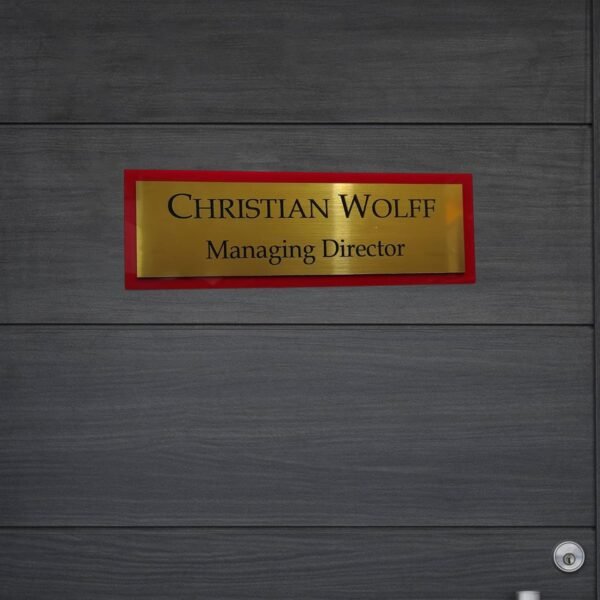 RetroVesta Personalized Self-Adhesive Acrylic Name Plate 12 x 4 Inch | Ruby Red Acrylic with Mirror Gold Vinyl Lettering | Waterproof Custom Door Name Plate for Home, Office & Outdoor Entrance