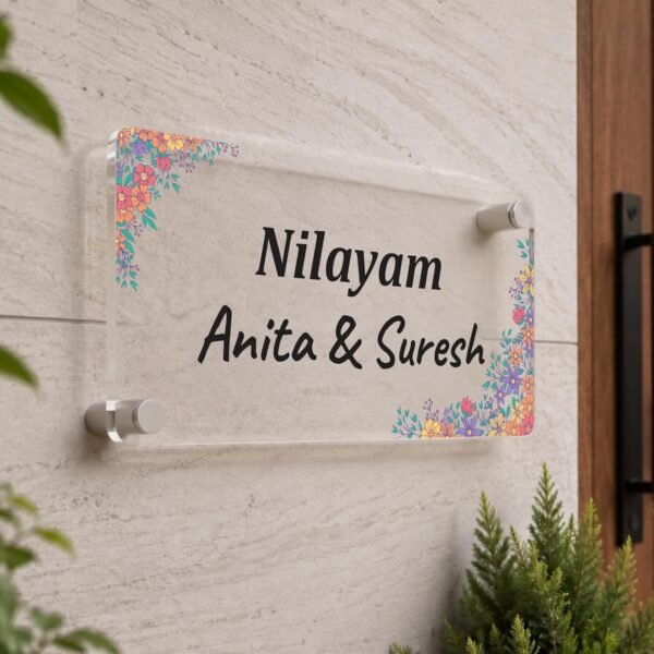 RetroVesta Personalized Acrylic Name Plate 5mm Thick | Floral Design Custom Door Name Plate for Home Entrance | Waterproof Wall Sign for Flat, Villa & Office