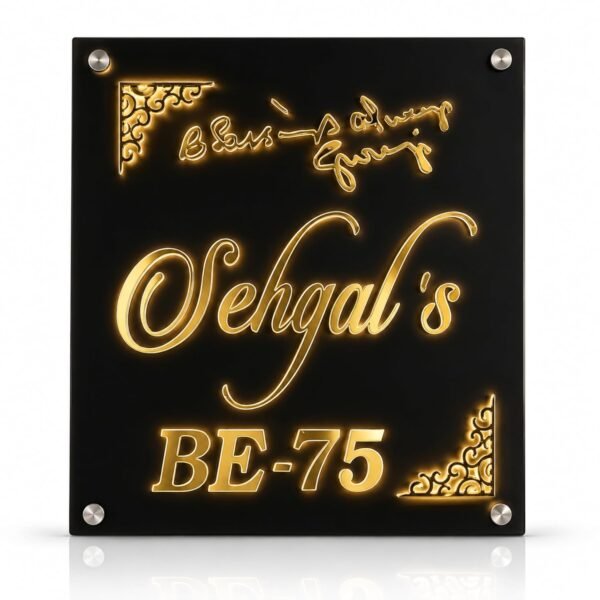 RetroVesta Personalized LED Acrylic Name Plate 12 x 14 Inch | Premium Mirror Gold Backlit House Name Board | Warm LED Door Name Plate for Home Entrance, Flat, Villa & Office