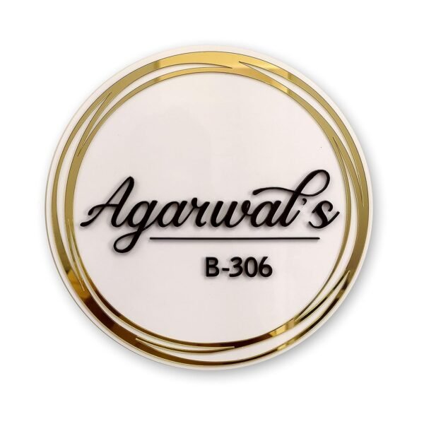 Personalized Name Plate for Home Entrance Outdoor - Acrylic Body, Waterproof | Designer Door Plates for Flat, Bungalow & Apartment - Customized (10 INCH DIA, Rings of Gold) White