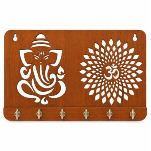 RetroVesta Wooden Key Holder Wall Mounted – Decorative Ganesha and Om Design MDF Key Rack with 10 Hooks | Wall Key Hanger and Organizer for Home Entrance, Living Room & Temple – 6 × 12 Inch