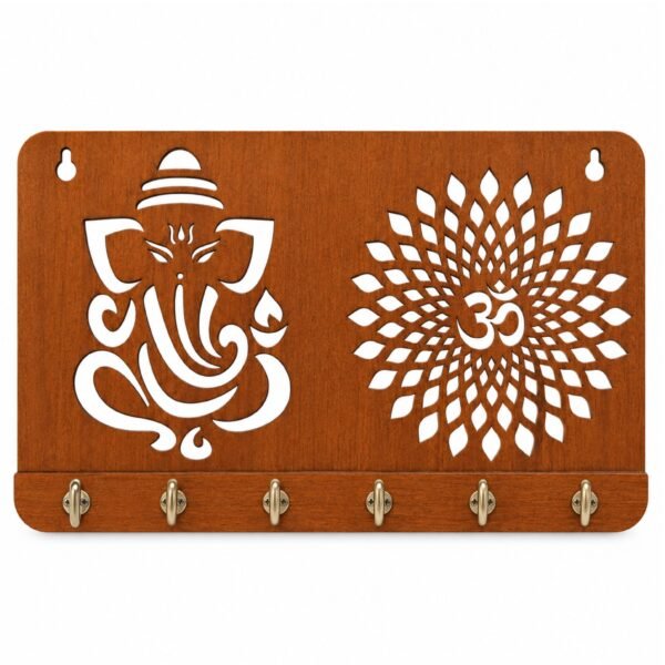 RetroVesta Wooden Key Holder Wall Mounted – Decorative Ganesha and Om Design MDF Key Rack with 10 Hooks | Wall Key Hanger and Organizer for Home Entrance, Living Room & Temple – 6 × 12 Inch