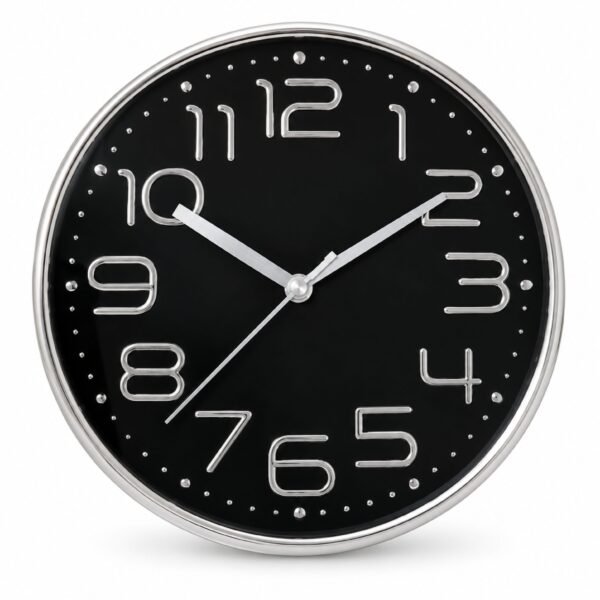 RetroVesta Black Wall Clock with Silver Finish Frame, Modern Analog Round Clock for Home, Office, Bedroom & Living Room, 19×19 cm, 1 Year Warranty
